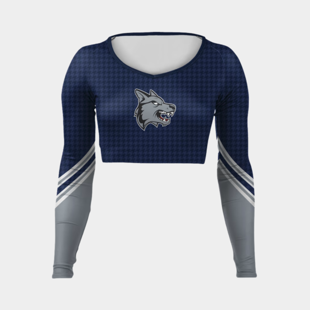 Navy blue and gray women’s gym fitness t-shirt with wolf logo and long sleeves manufactured for USA sportswear brands.