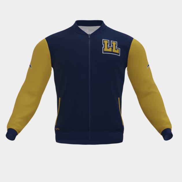 Blue and gold oversized men bomber jacket with full zip design, leather bomber jacket women and men style for USA fashion brands.
