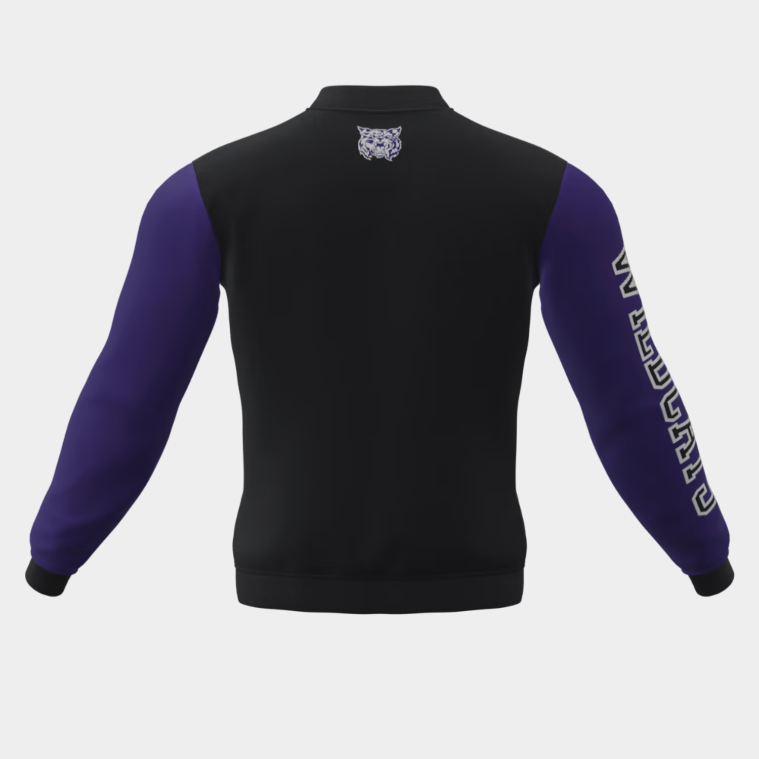Black and purple men bomber jacket with full zip design, oversized leather bomber jacket style for USA streetwear and fashion brands.