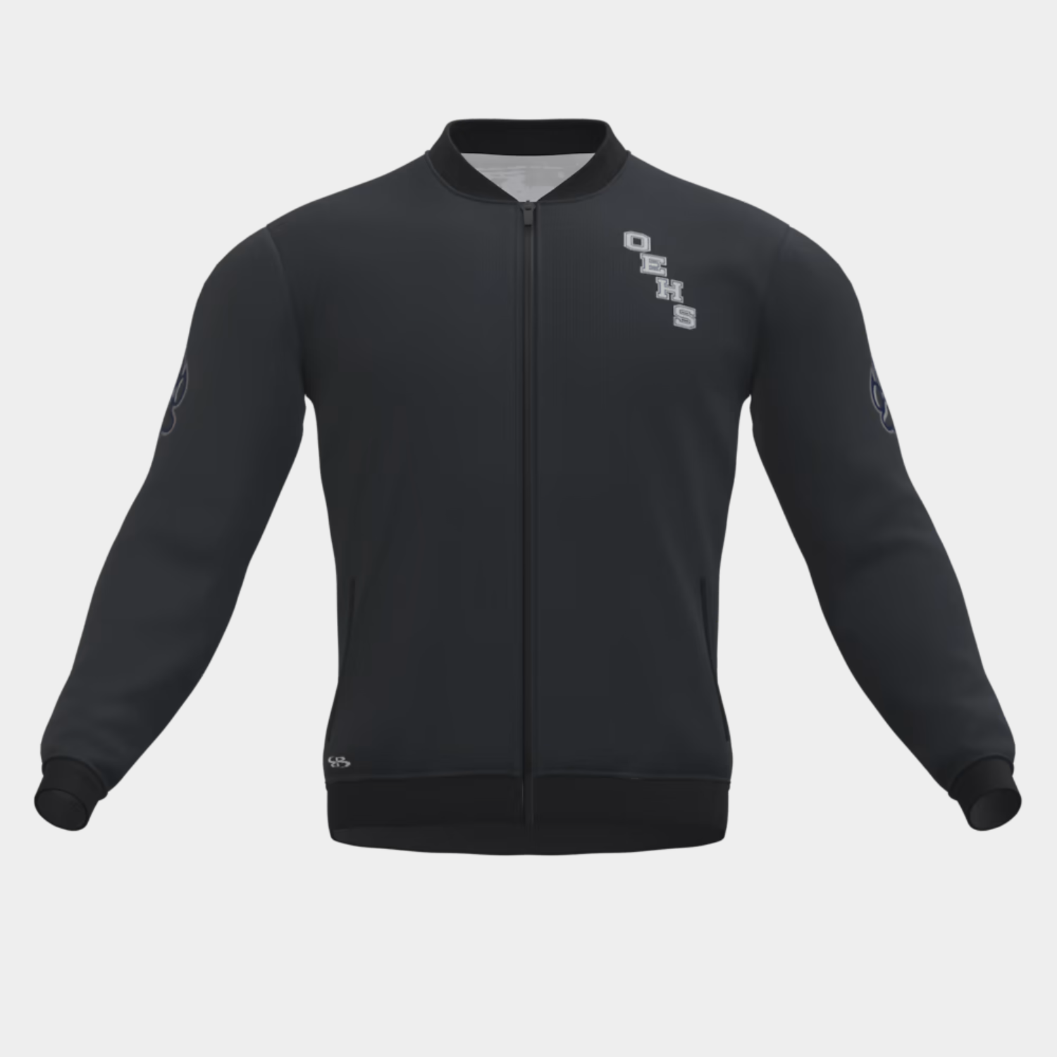 Black full zip clothing bomber jacket for men and women with athletic design, stylish USA streetwear and casual fashion jacket.