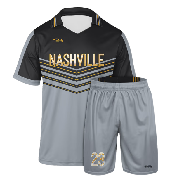 Custom black and gray Nashville soccer uniform with matching shorts, custom soccer jerseys USA design for teams and clubs