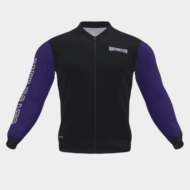 Black and purple men bomber jacket with full zip design, oversized leather bomber jacket style for USA streetwear and fashion brands.