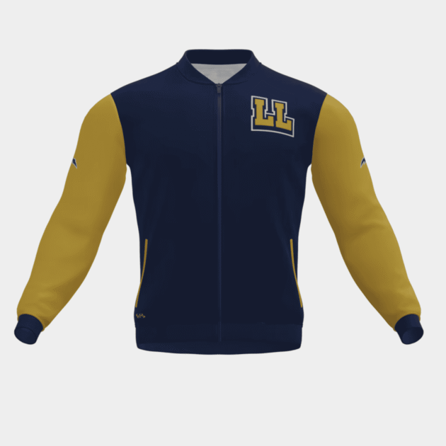 Blue and gold oversized men bomber jacket with full zip design, leather bomber jacket women and men style for USA fashion brands.