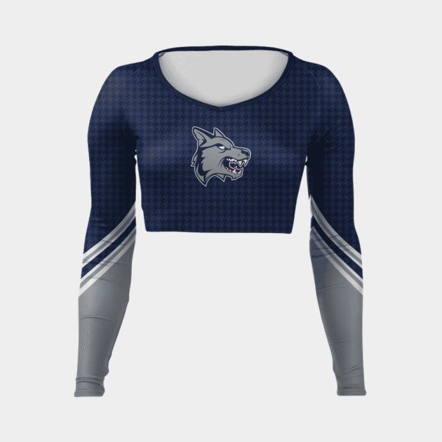 Navy blue and gray women’s gym fitness t-shirt with wolf logo and long sleeves manufactured for USA sportswear brands.