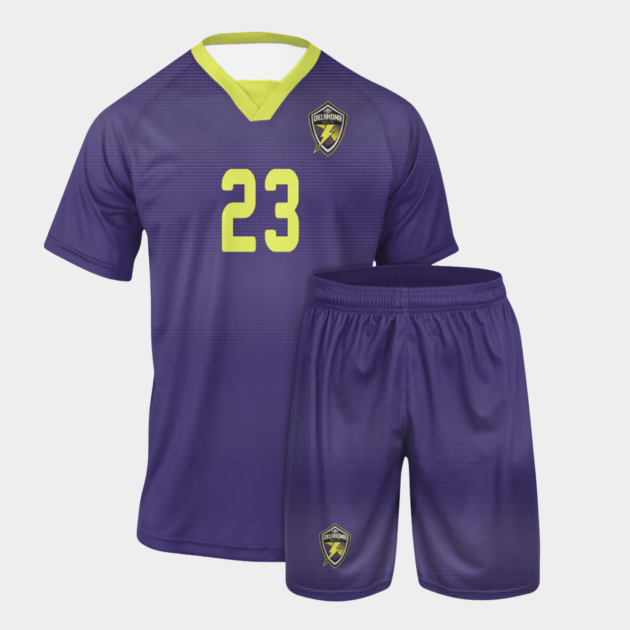 Custom soccer jerseys USA featuring a purple customized soccer jersey with matching shorts and premium custom made soccer uniforms for teams.