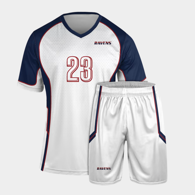 Custom soccer jerseys USA featuring a white and blue custom soccer jersey design with matching shorts and premium custom made soccer uniforms.