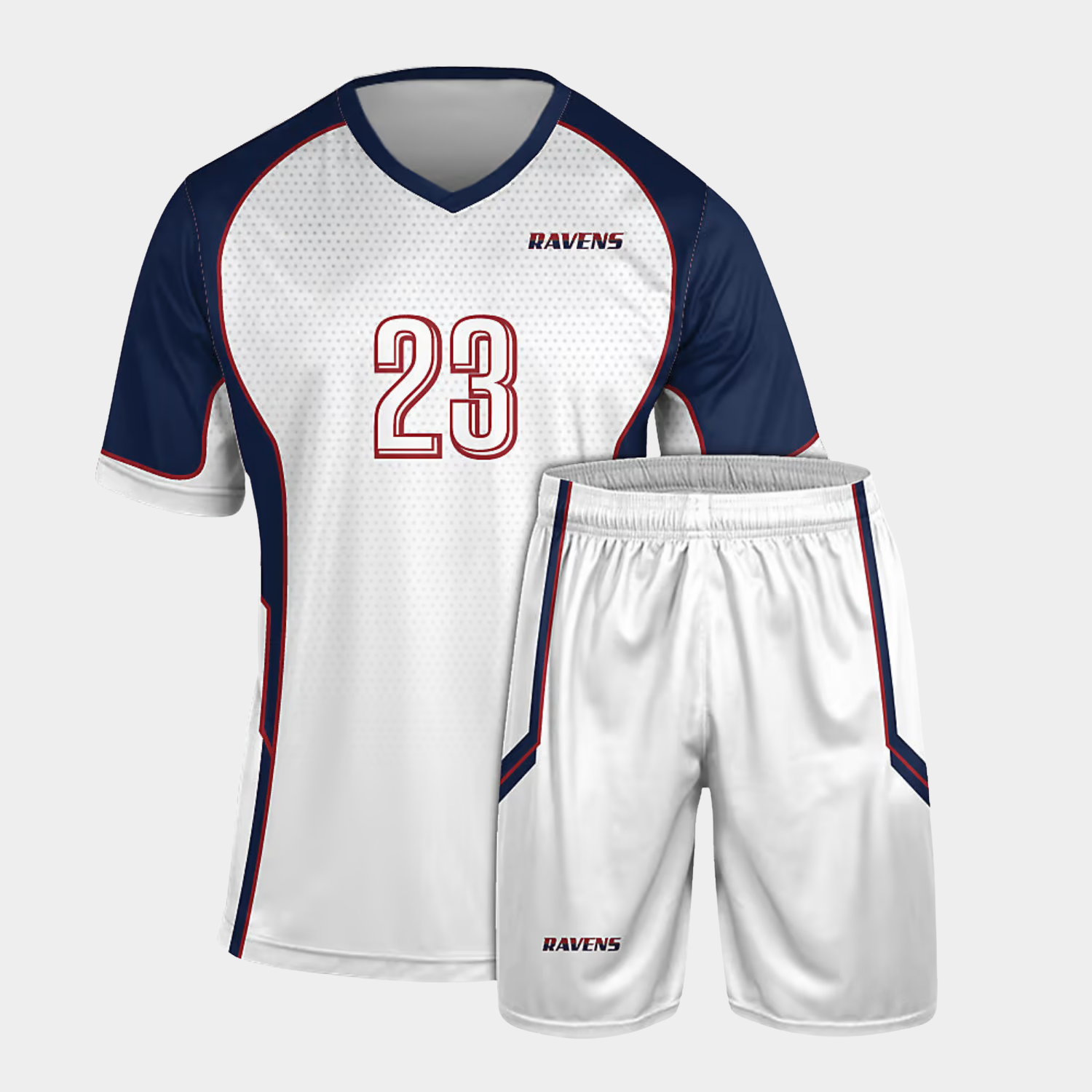 Custom soccer jerseys USA featuring a white and blue custom soccer jersey design with matching shorts and premium custom made soccer uniforms.