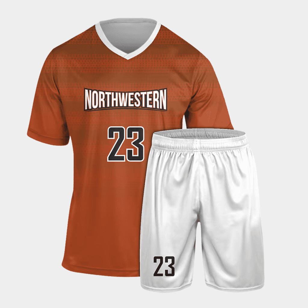 Custom soccer jerseys USA featuring men's custom soccer jerseys in orange with matching shorts and premium customized soccer jersey design.