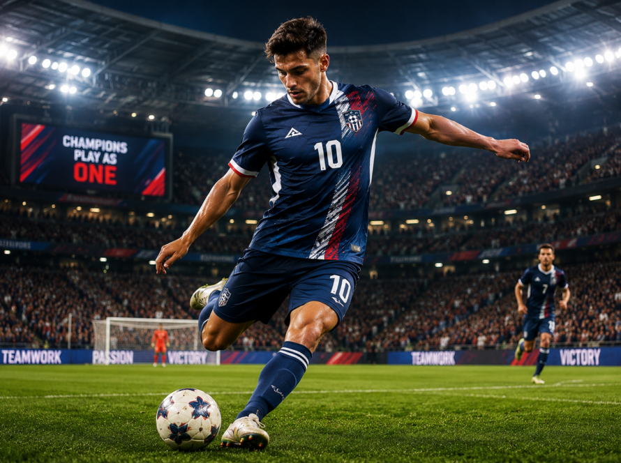 Professional soccer player in action kicking a ball while wearing a custom soccer uniform in a packed stadium. Premium performance soccer jersey and football kit designed for teams, clubs, and USA sportswear brands.