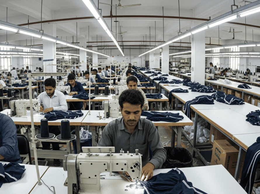 Workers producing custom soccer uniforms in a professional sportswear factory operated by an experienced soccer uniforms manufacturer.