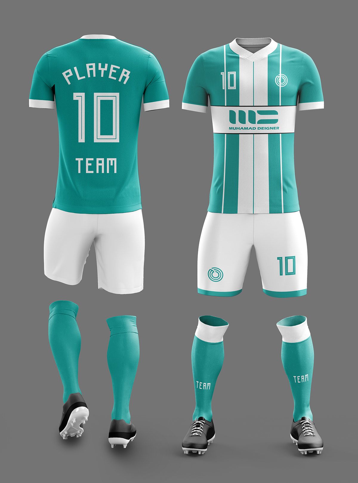 Custom soccer uniform with front and back views, featuring a breathable performance jersey, shorts, and matching socks. Perfect for teams seeking premium soccer jerseys, football jersey designs, and complete soccer uniforms.