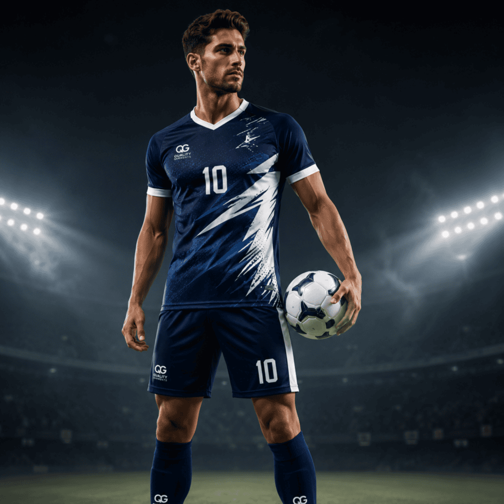 Custom soccer uniform with front and back views, featuring a breathable performance jersey, shorts, and matching socks. Perfect for teams seeking premium soccer jerseys, football jersey designs, and complete soccer uniforms.