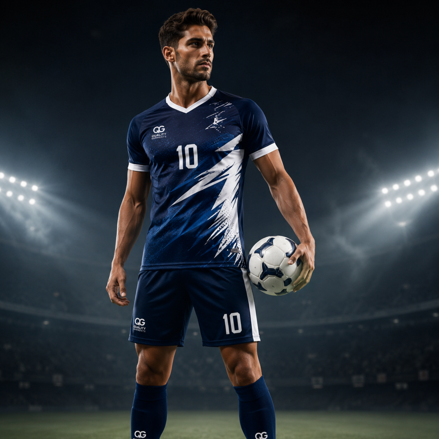 Custom soccer uniform with front and back views, featuring a breathable performance jersey, shorts, and matching socks. Perfect for teams seeking premium soccer jerseys, football jersey designs, and complete soccer uniforms.