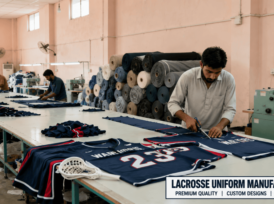 Lacrosse uniform manufacturer producing custom team uniforms in a professional sportswear manufacturing facility.