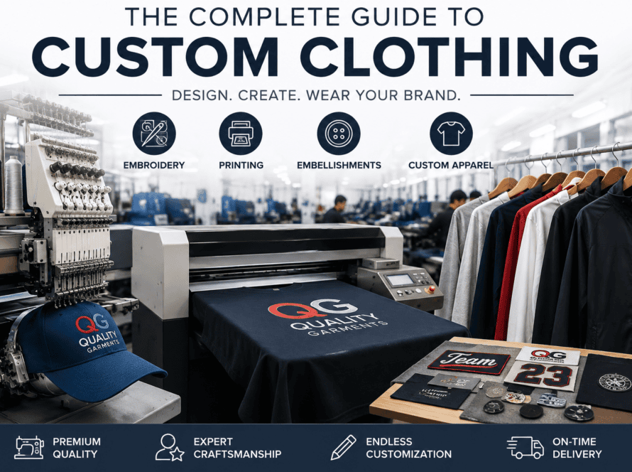 Custom clothing manufacturing process showing embroidery, apparel printing, and garment embellishments for branded sportswear and private-label apparel.