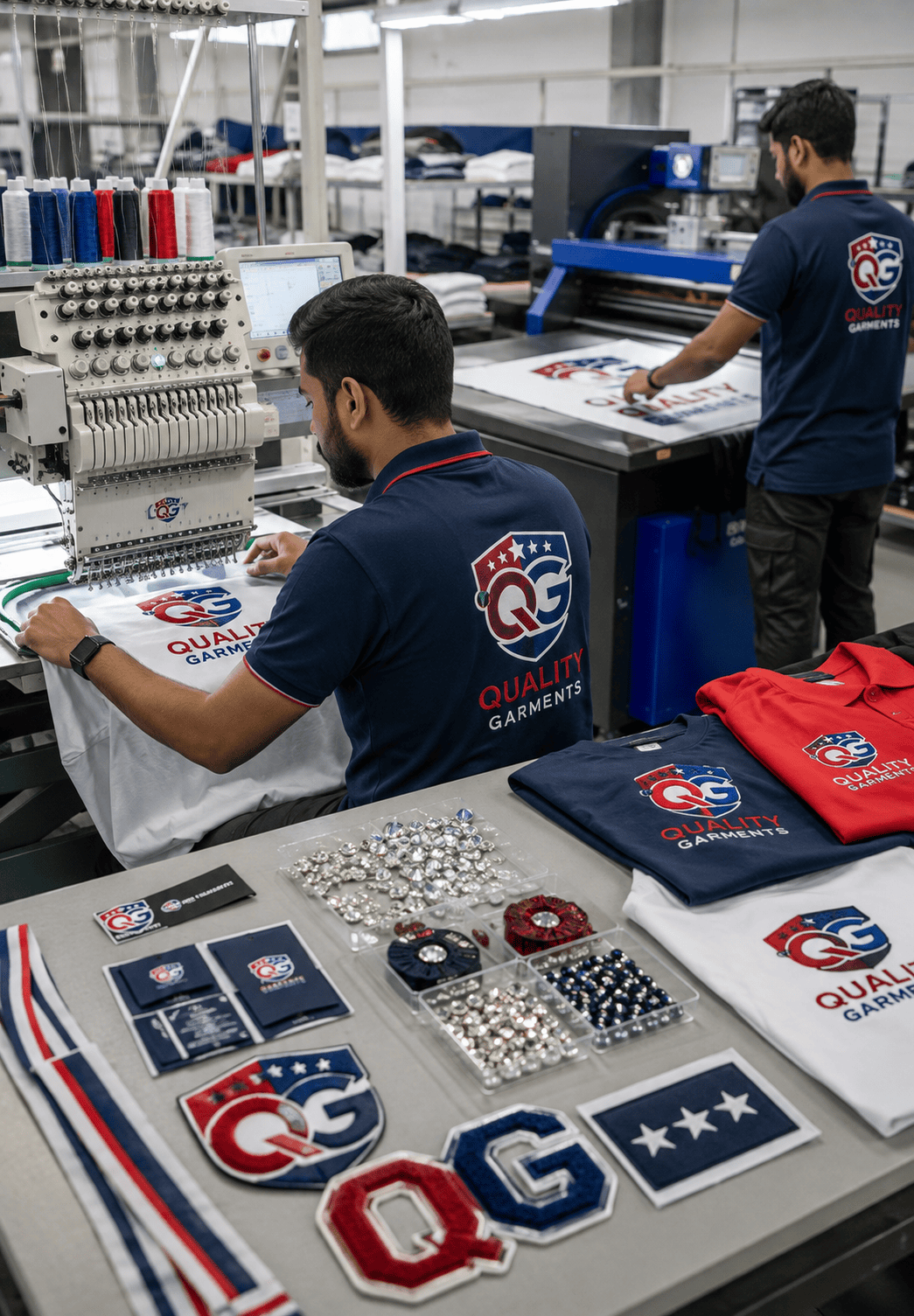 Custom clothing manufacturing process showing embroidery, apparel printing, and garment embellishments for branded sportswear and private-label apparel.