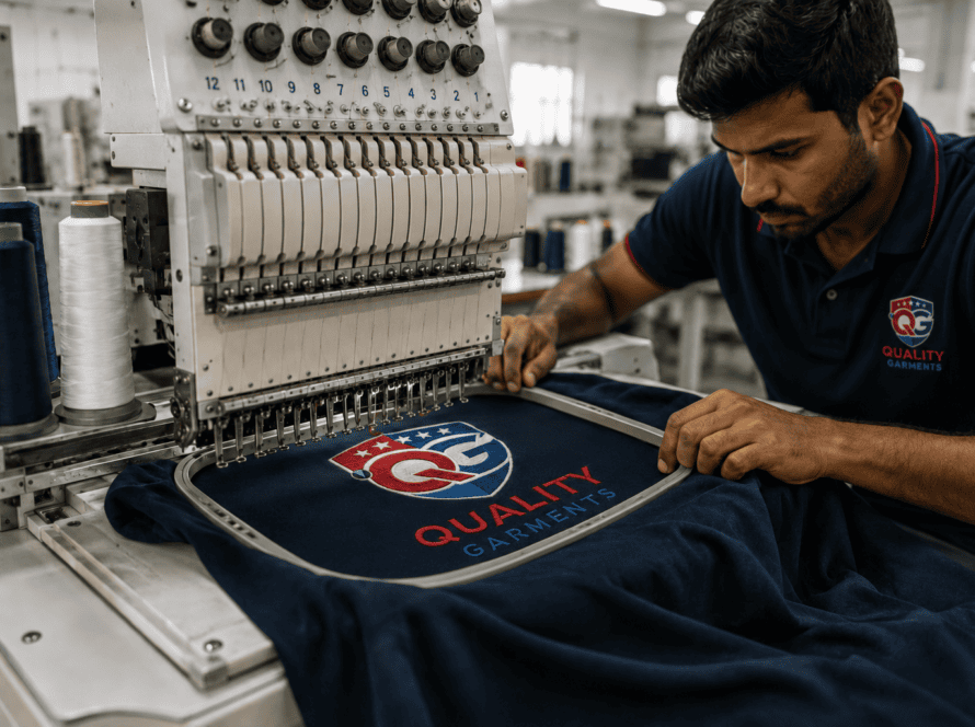 Custom Sportswear Customization Guide for US Brands showing professional embroidery of branded sportswear in a garment manufacturing facility