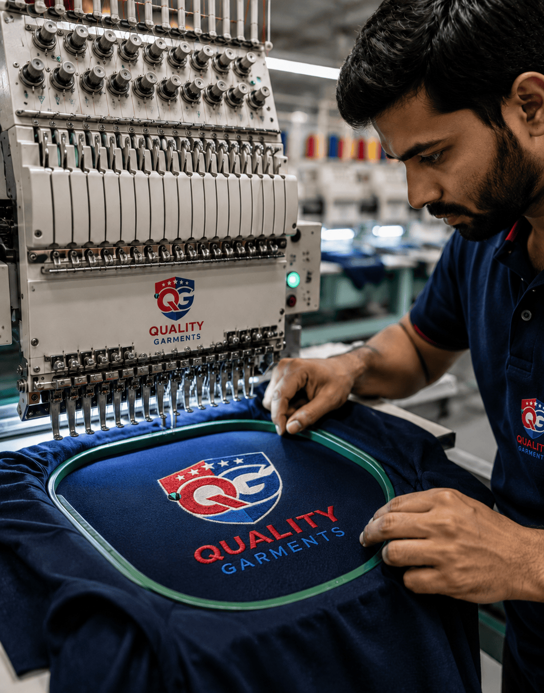 Custom Sportswear Customization Guide for US Brands showing professional embroidery of branded sportswear in a garment manufacturing facility