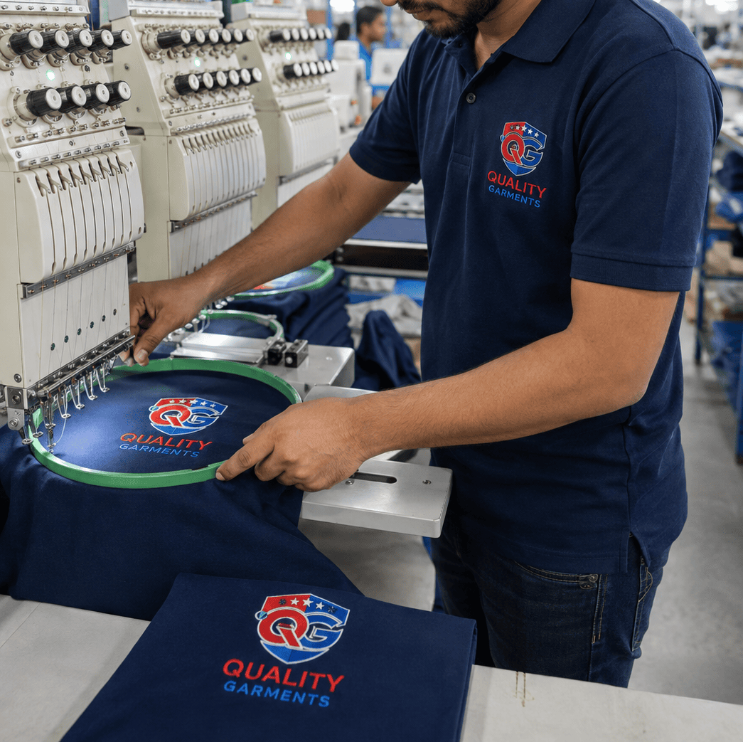 Custom embroidery service showing a skilled worker creating a branded logo with an industrial embroidery machine at Quality Garments Mfg.