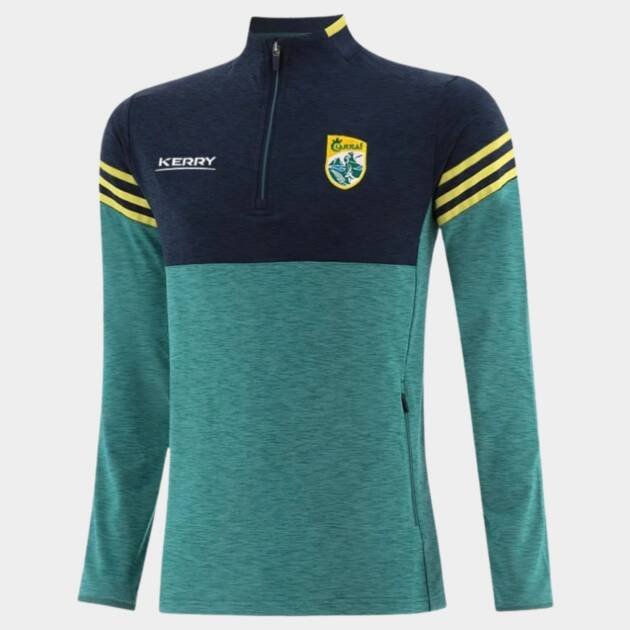 Long sleeve GAA jersey in teal and navy with yellow stripes and chest crest